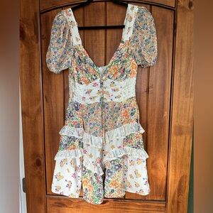 Altar'd State Cream Floral Print Midi Dress with Green and Orange Accents